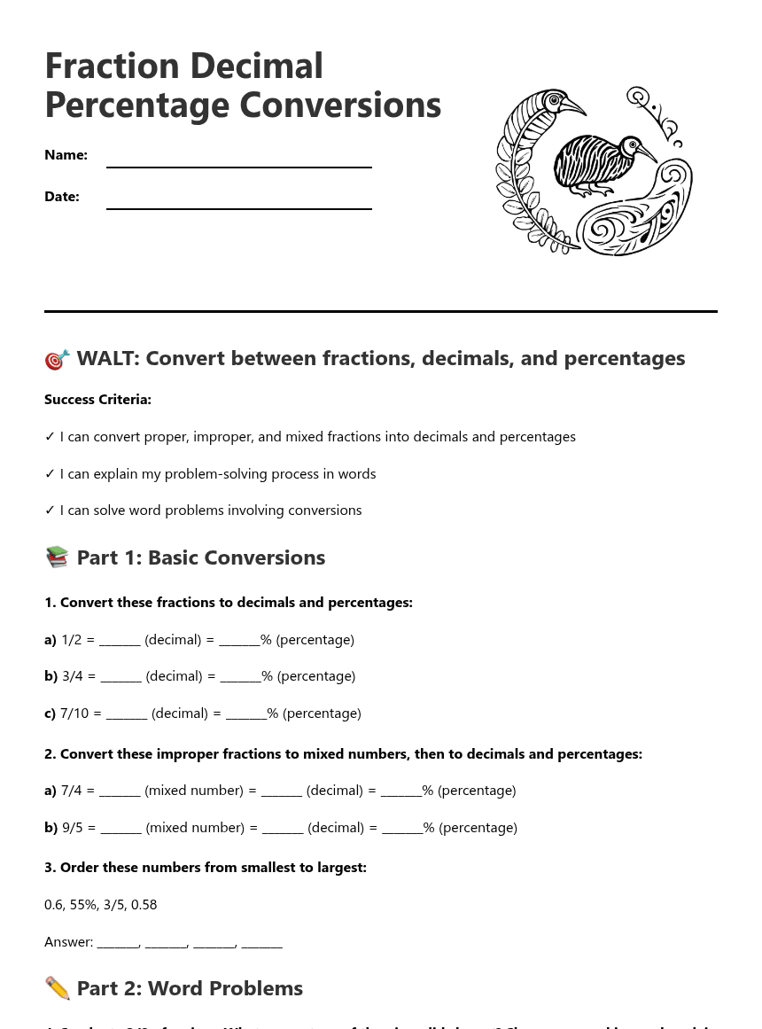 Fraction Decimal Percentage Conversions worksheet preview