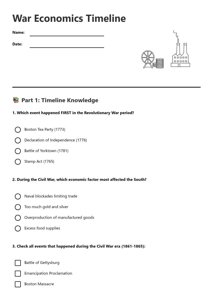 War Economics Timeline worksheet preview