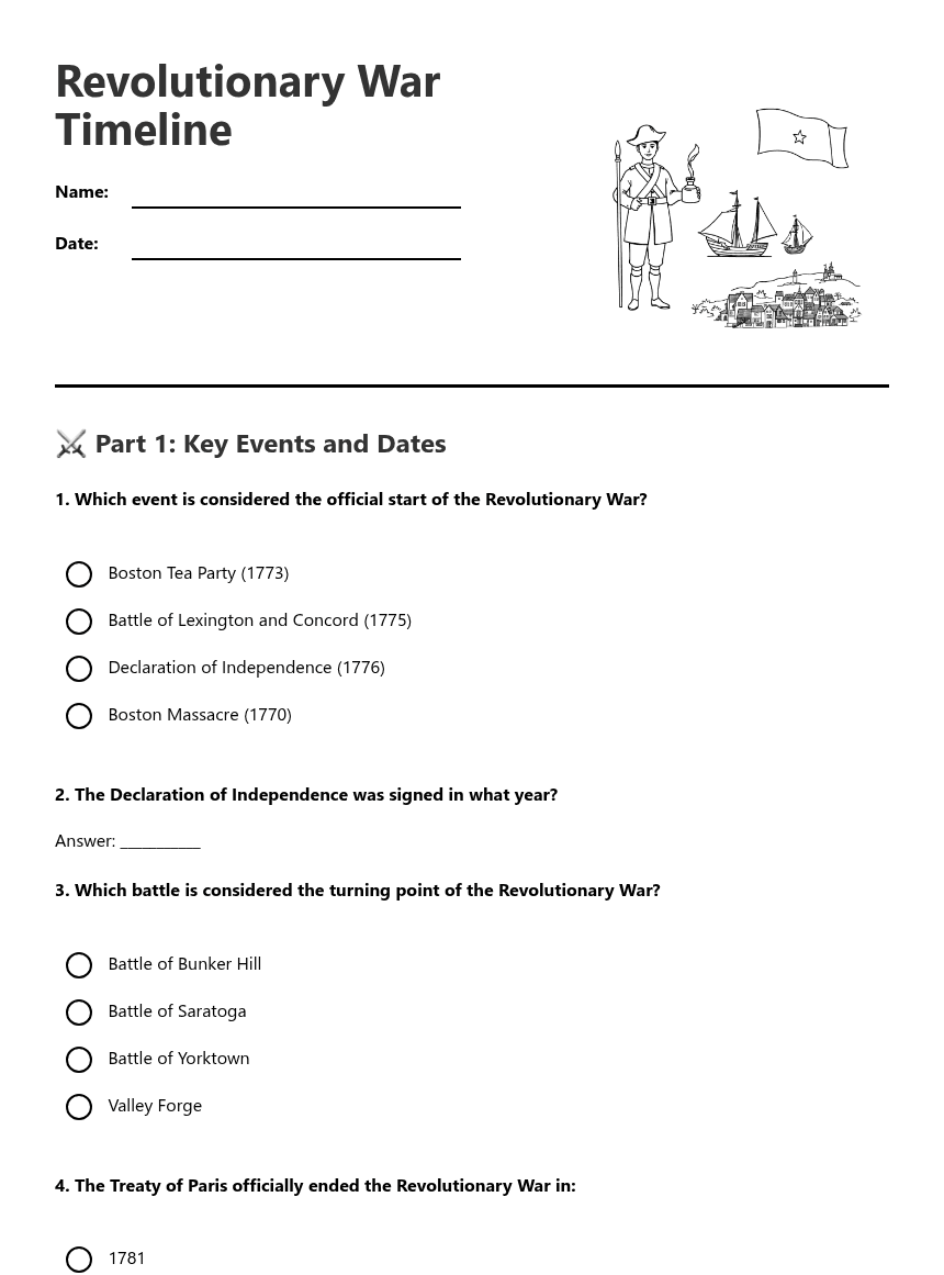 Revolutionary War Timeline worksheet preview