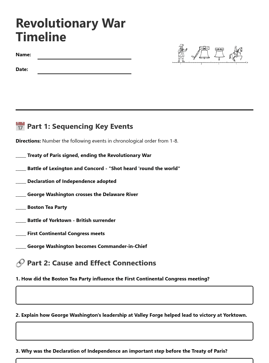 Revolutionary War Timeline worksheet preview