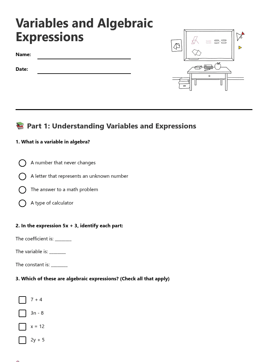 Variables and Algebraic Expressions worksheet preview
