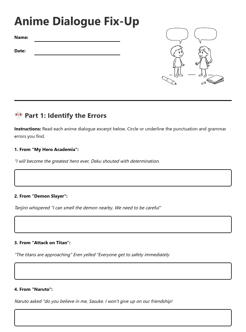 Anime Dialogue Fix-Up worksheet preview