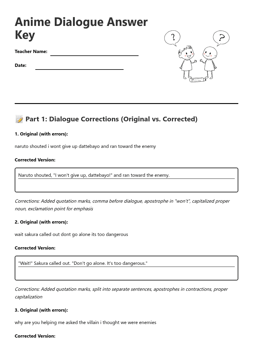 Anime Dialogue Answer Key worksheet preview