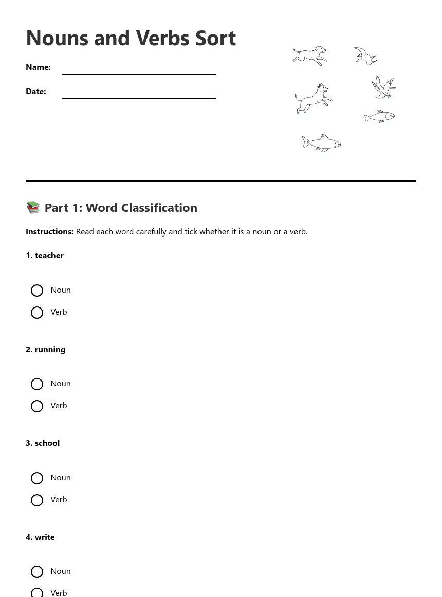 Nouns and Verbs Sort worksheet preview