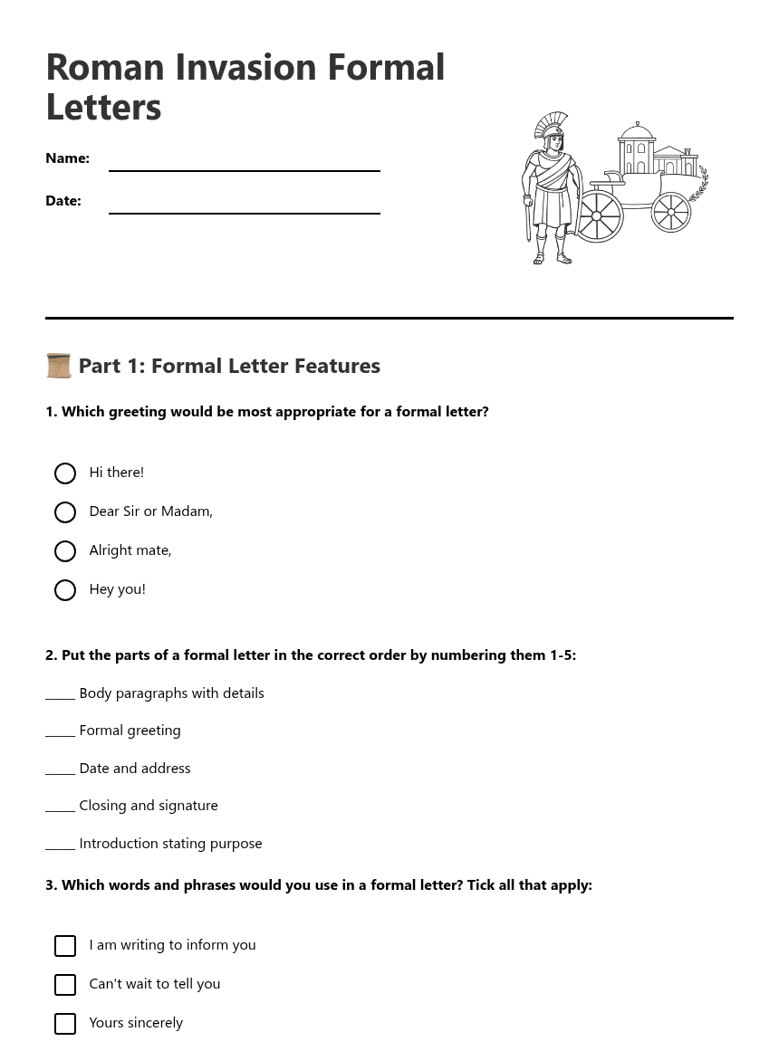 Roman Invasion Formal Letters worksheet preview