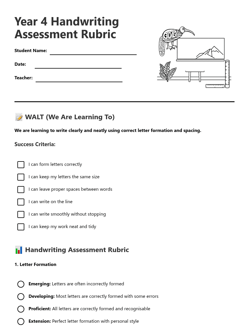 Year 4 Handwriting Rubric worksheet preview