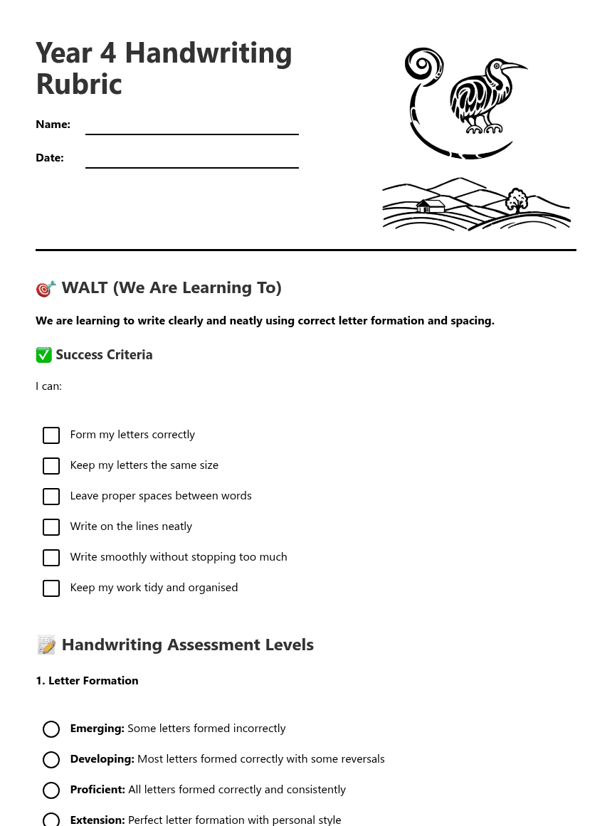 Year 4 Handwriting Rubric worksheet preview