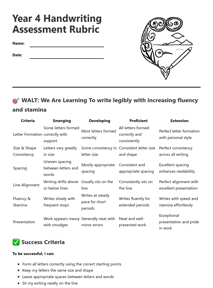Year 4 Handwriting Rubric worksheet preview