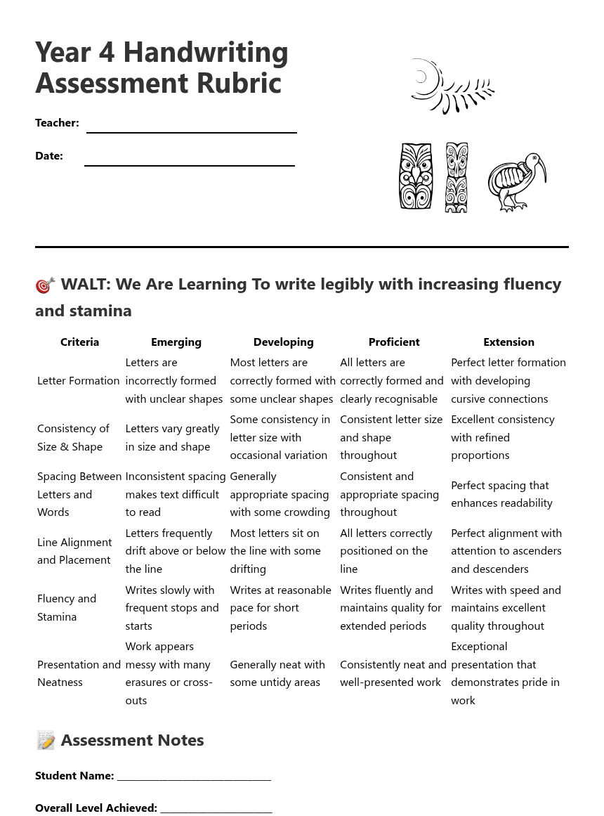 Year 4 Handwriting Rubric worksheet preview