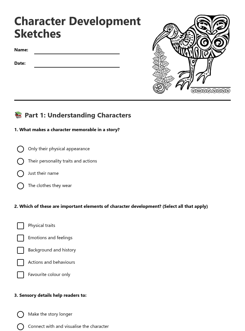 Character Development Sketches worksheet preview