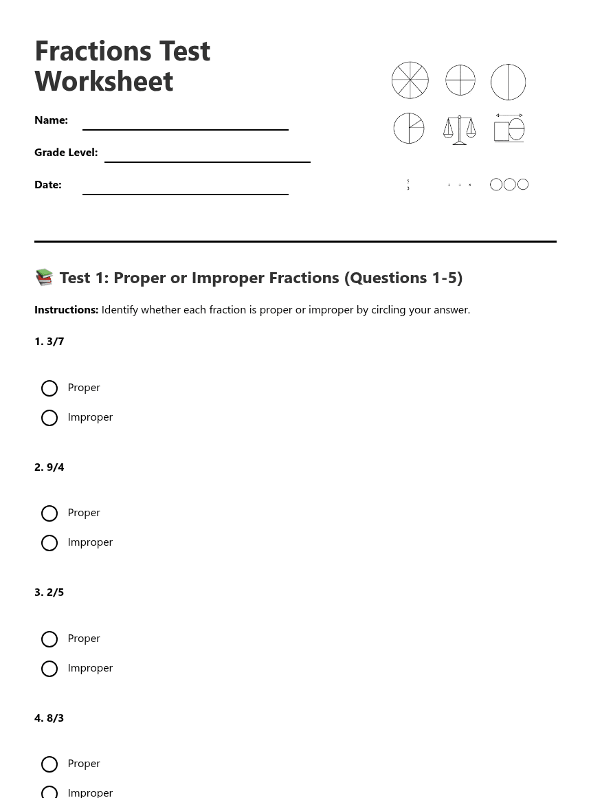 Fractions Test Worksheet worksheet preview