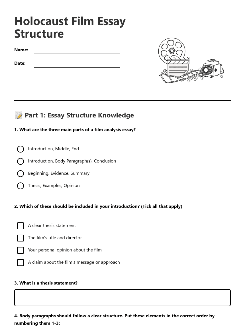 Holocaust Film Essay Structure worksheet preview