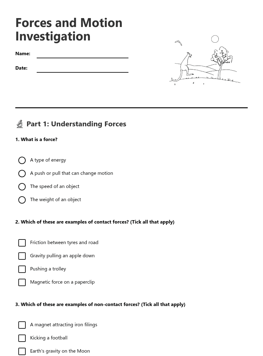 Forces and Motion Investigation worksheet preview
