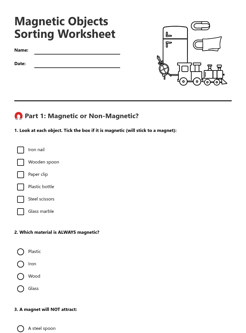 Magnetic Objects Sorting Worksheet worksheet preview
