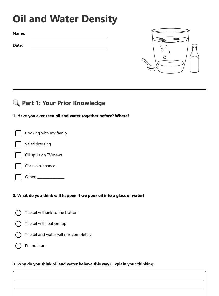 Oil and Water Density worksheet preview