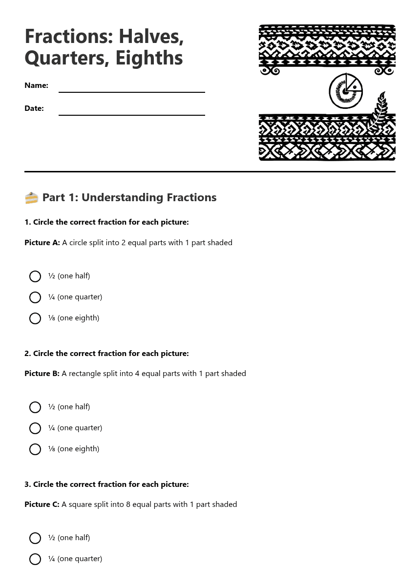 Fractions: Halves, Quarters, Eighths worksheet preview