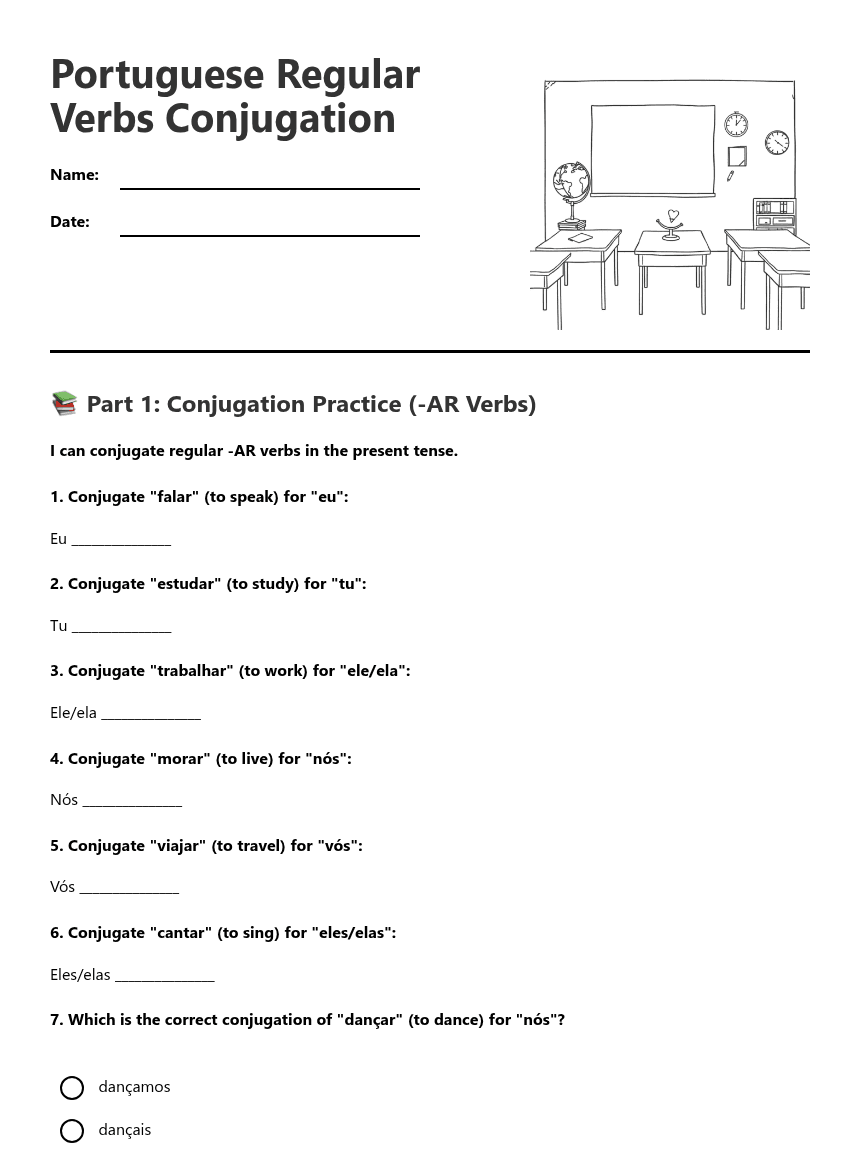 Portuguese Regular Verbs Conjugation worksheet preview