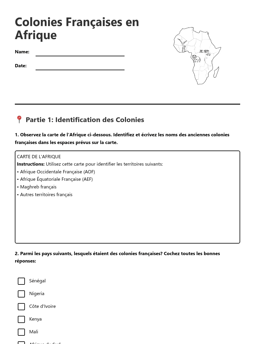 Colonies Françaises en Afrique worksheet preview