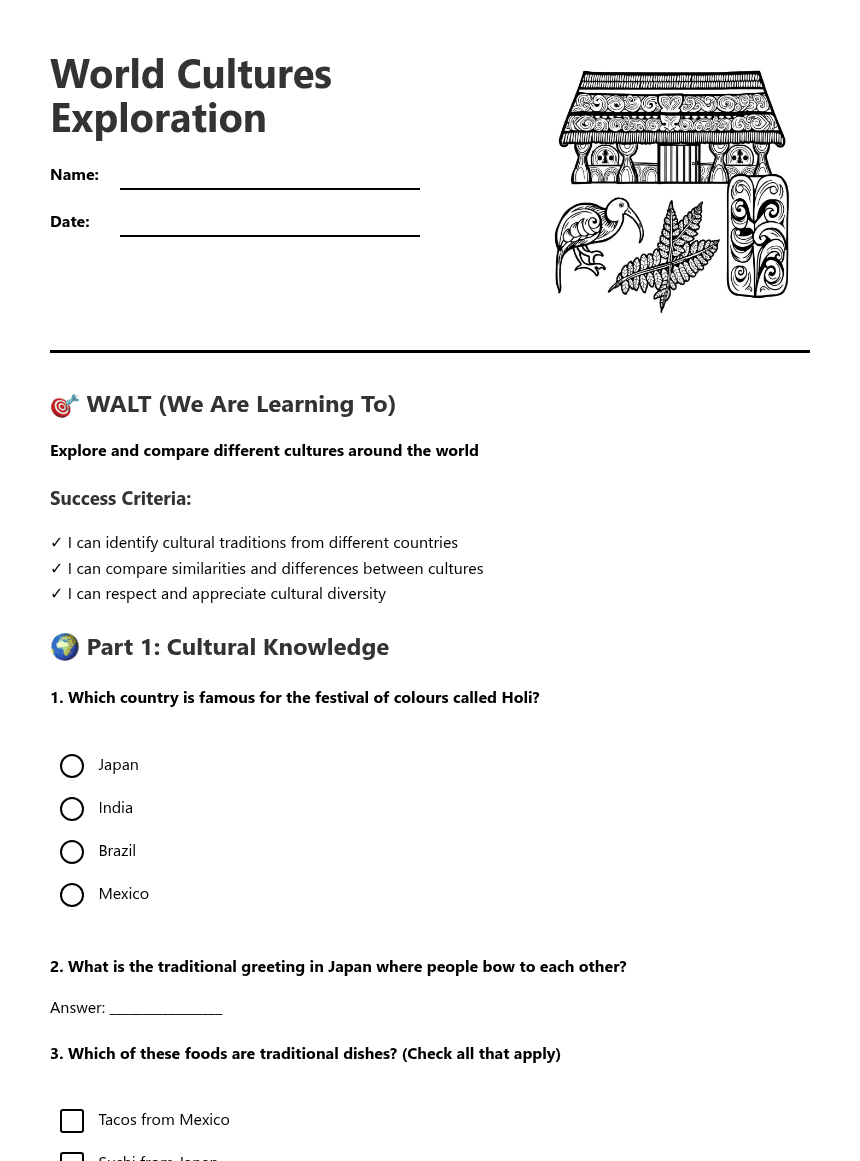 World Cultures Exploration worksheet preview