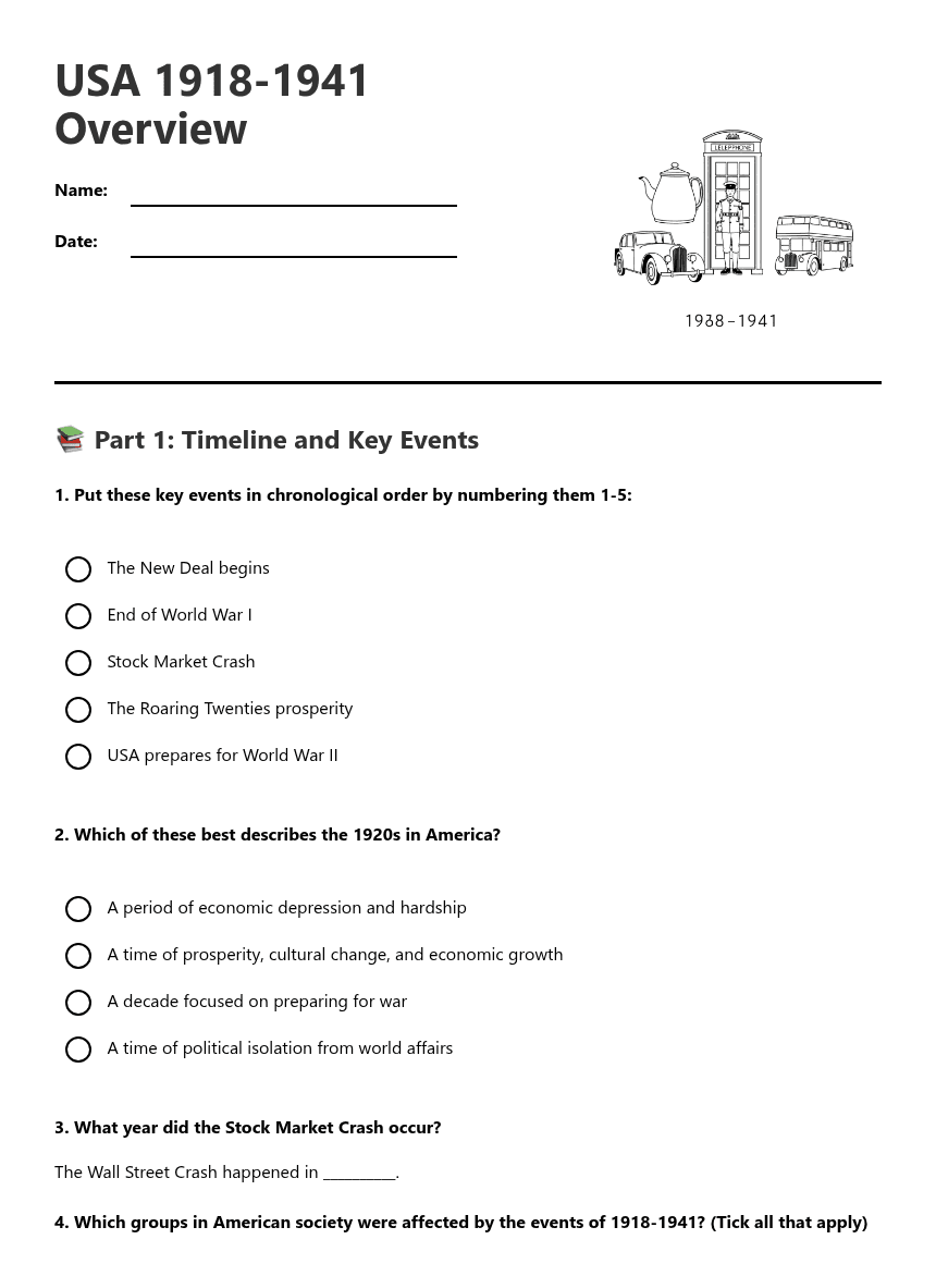 USA 1918-1941 Overview worksheet preview