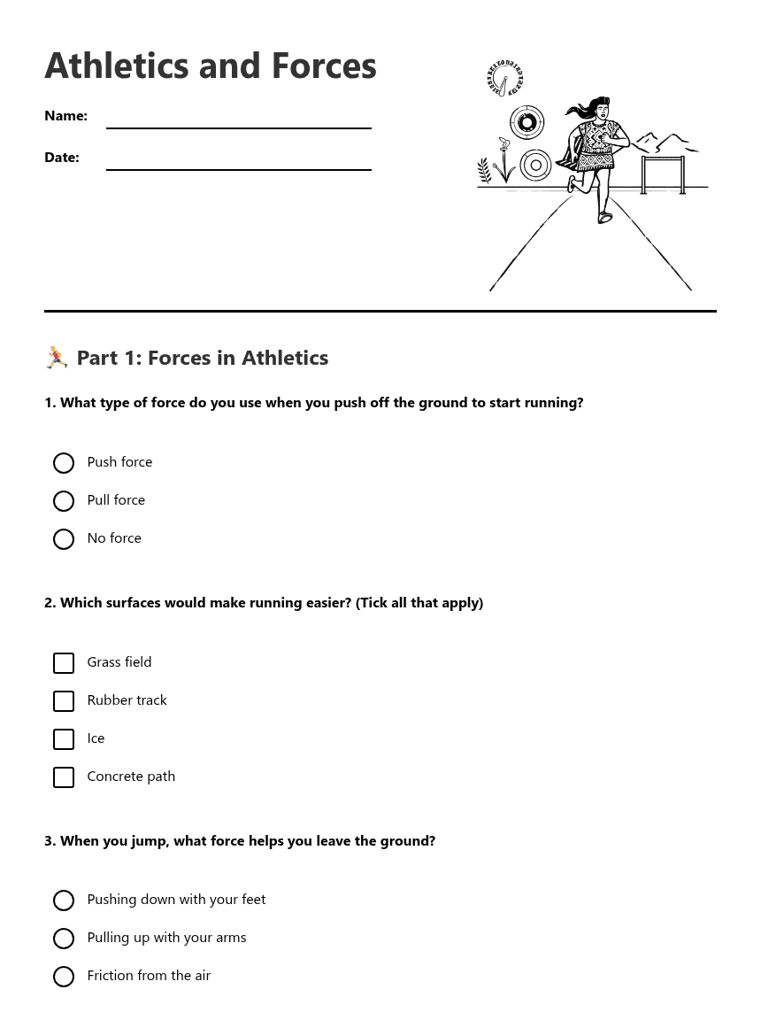 Athletics and Forces worksheet preview