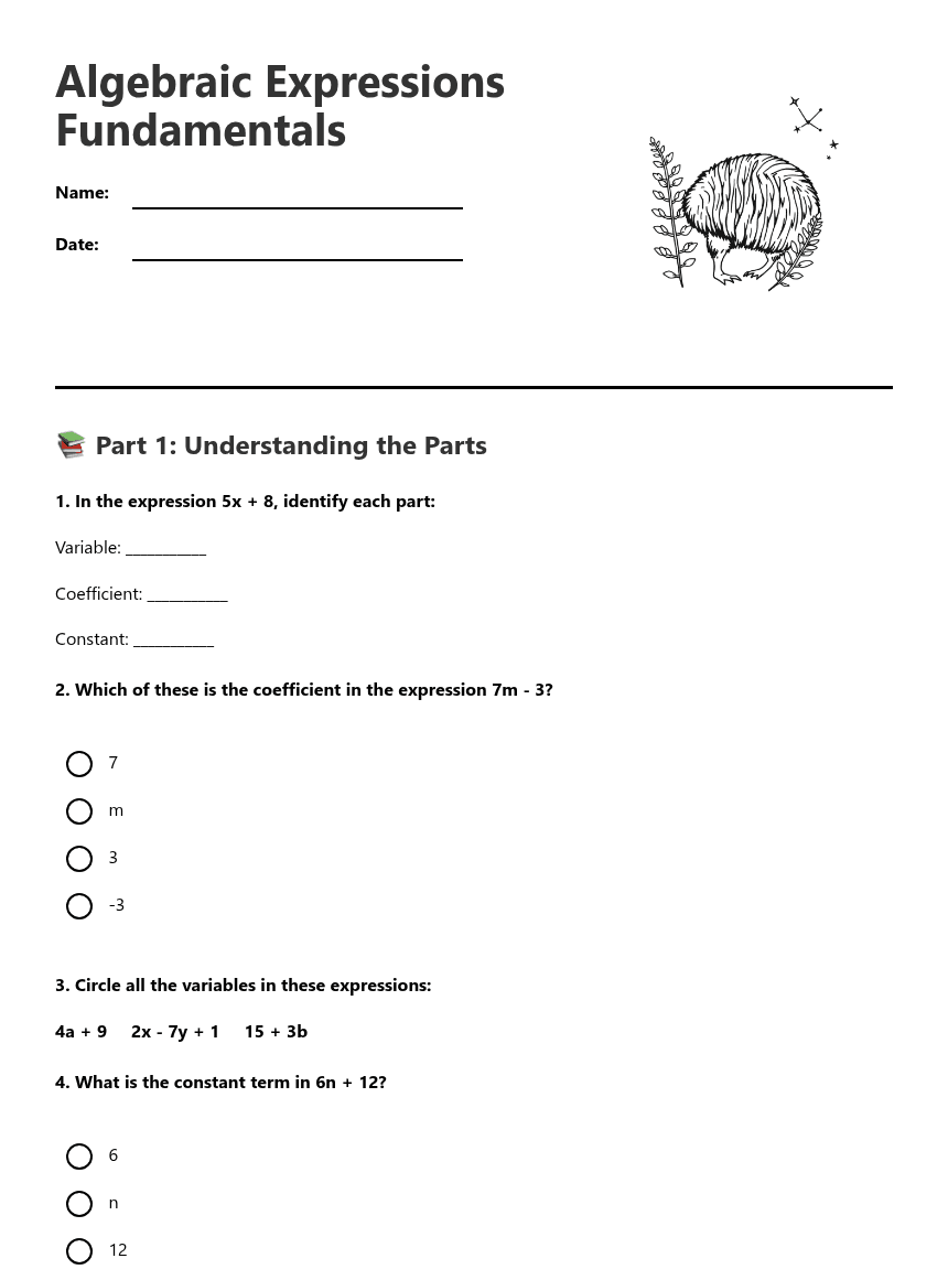 Algebraic Expressions Fundamentals worksheet preview
