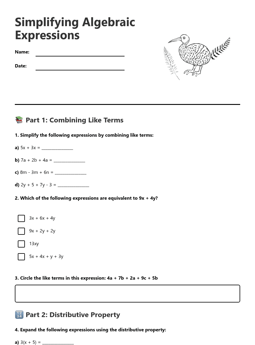 Simplifying Algebraic Expressions worksheet preview
