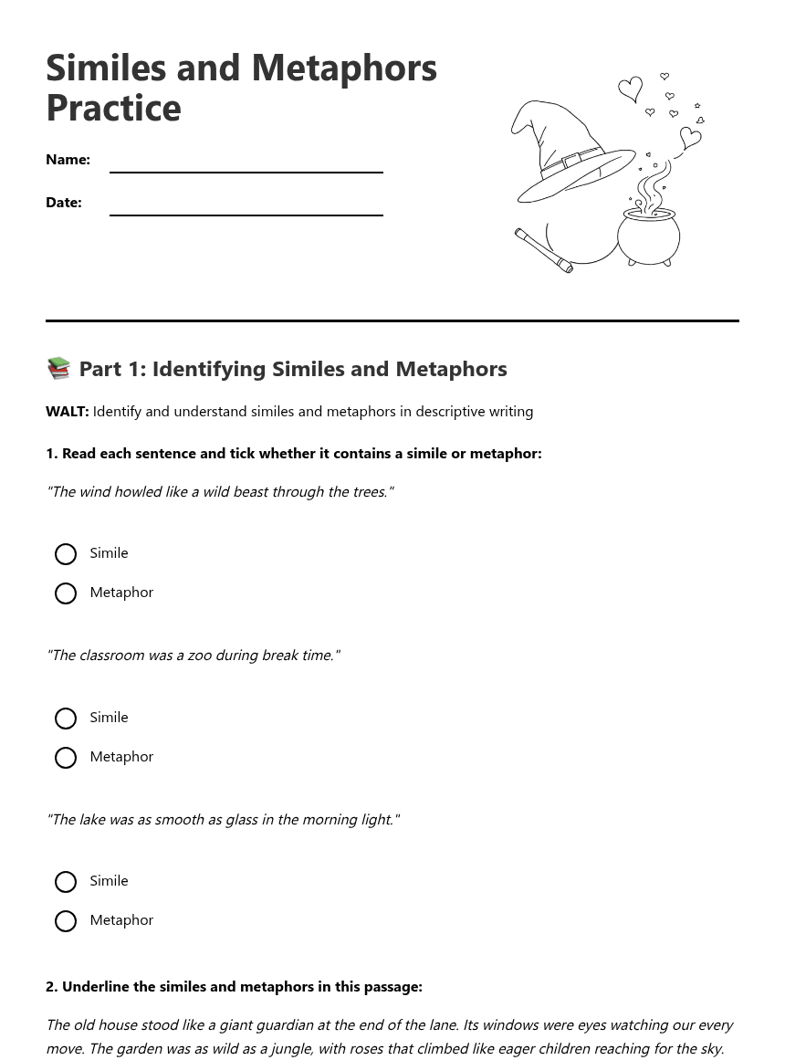 Similes and Metaphors Practice worksheet preview