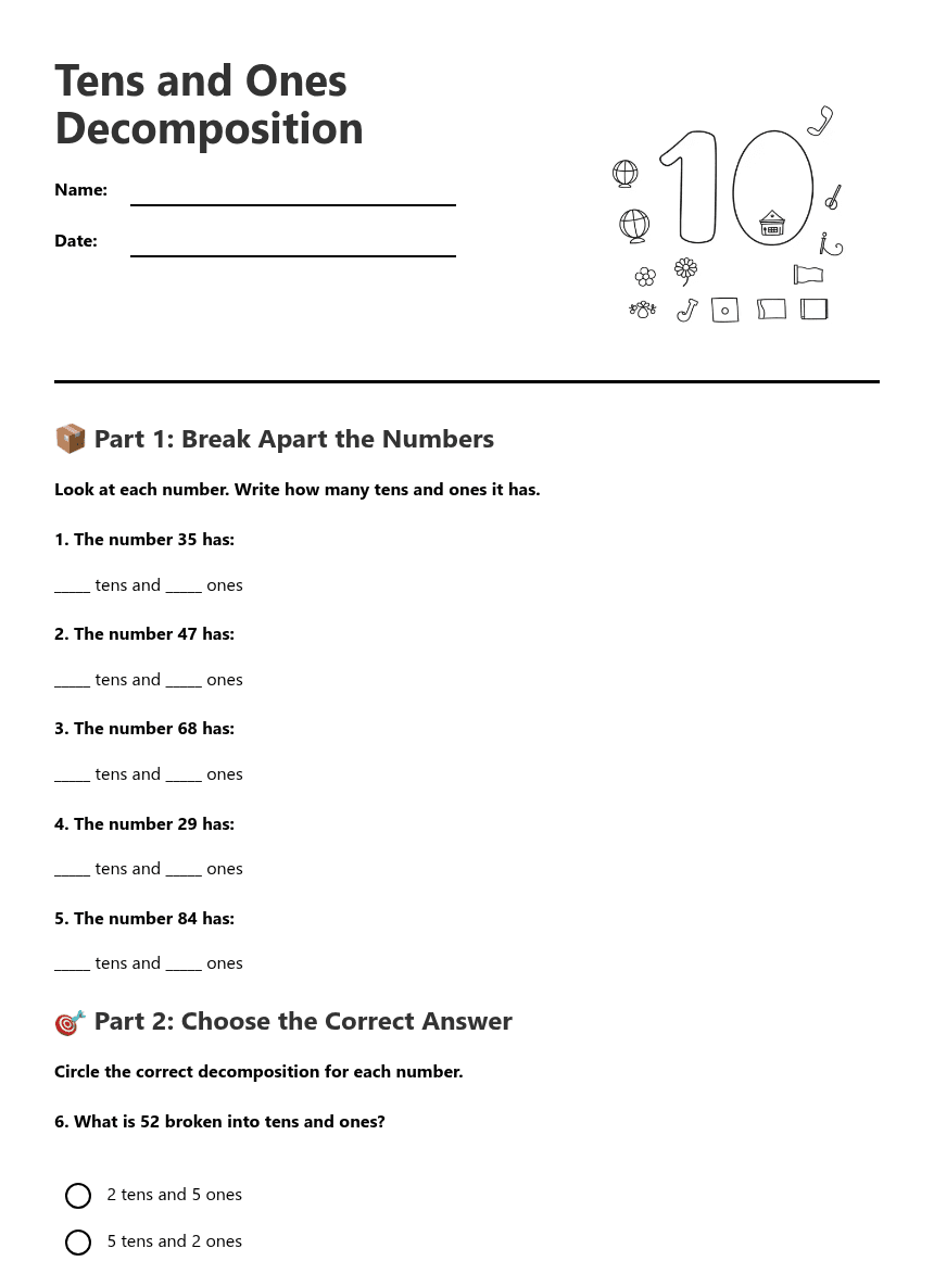 Tens and Ones Decomposition worksheet preview