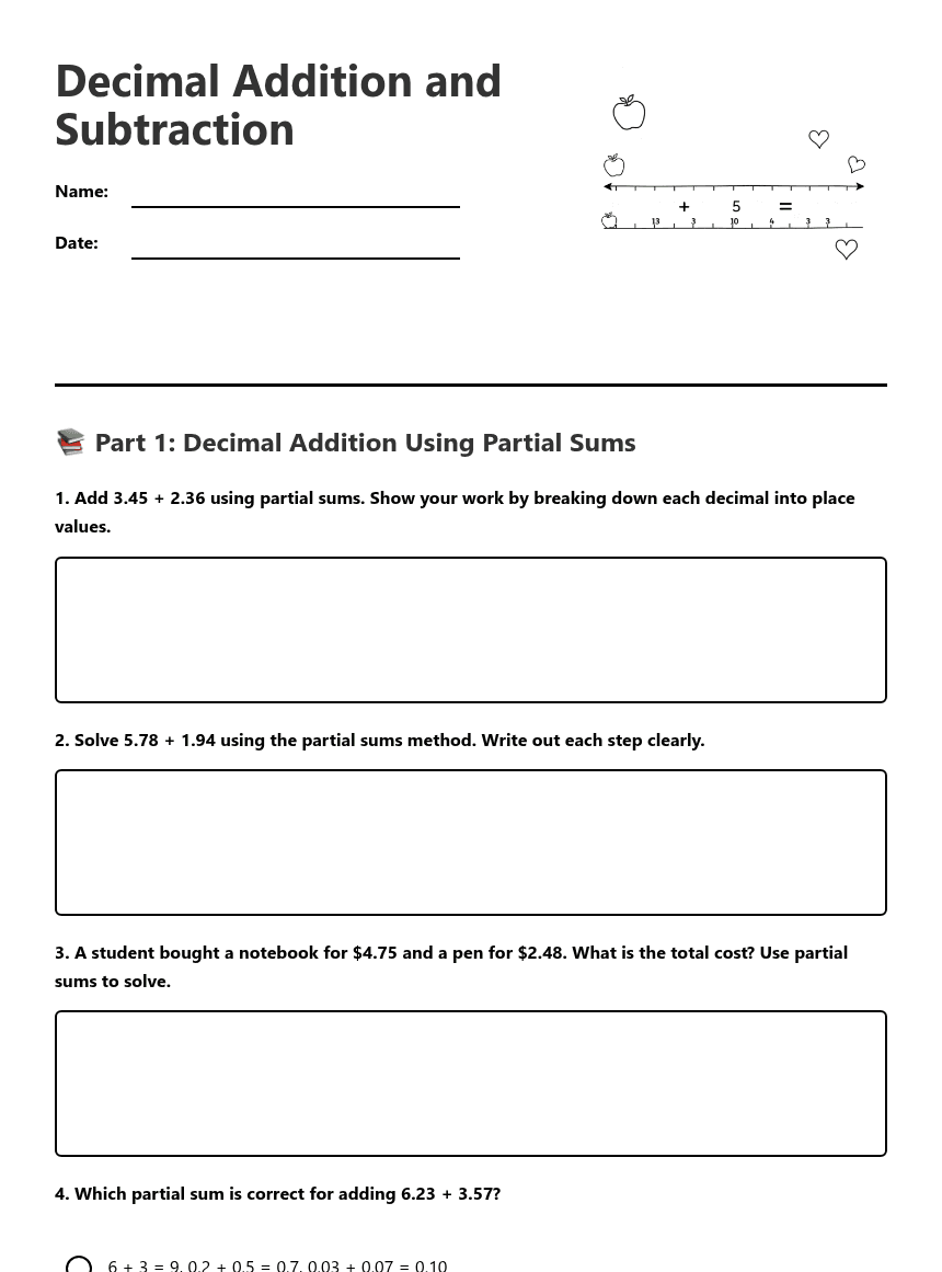 Decimal Addition and Subtraction worksheet preview