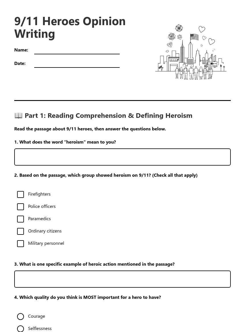 9/11 Heroes Opinion Writing worksheet preview