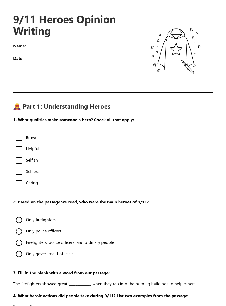 9/11 Heroes Opinion Writing worksheet preview