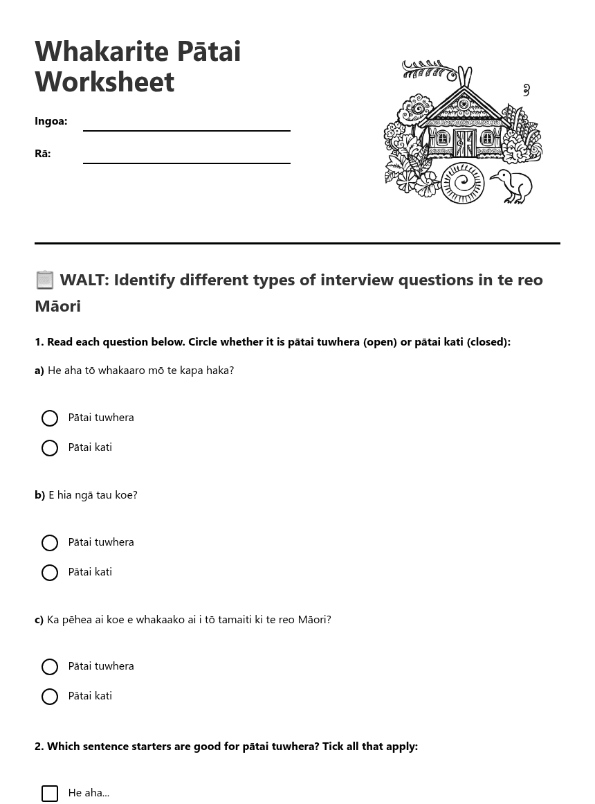 Whakarite Pātai Worksheet worksheet preview