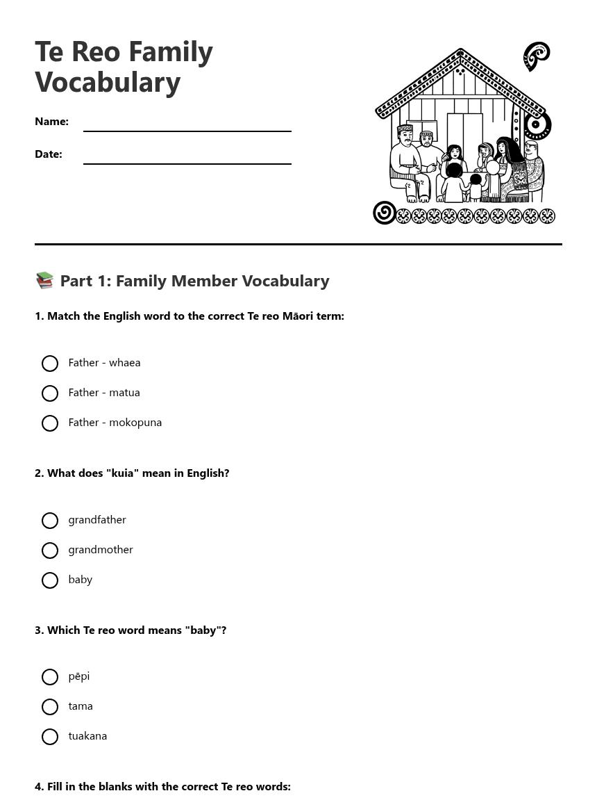 Te Reo Family Vocabulary worksheet preview