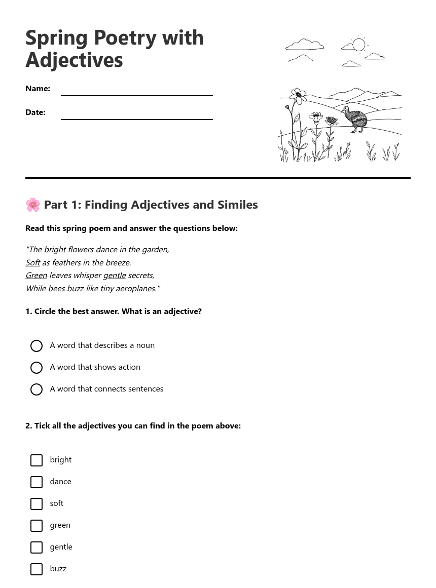 Spring Poetry with Adjectives worksheet preview