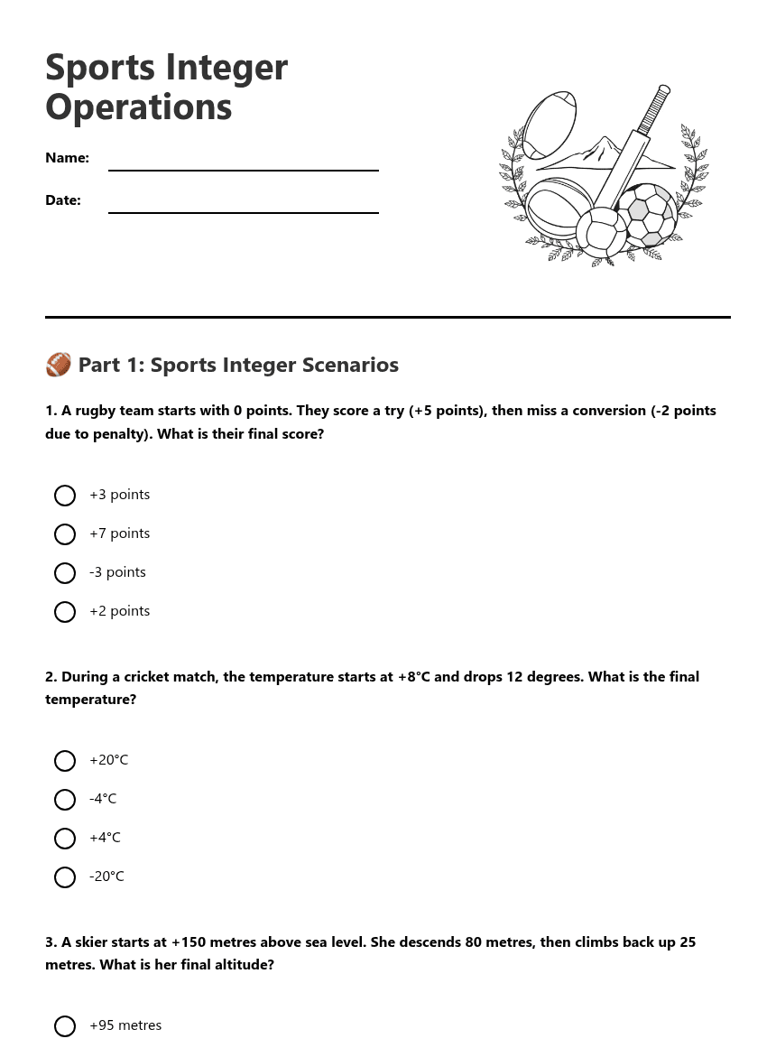Sports Integer Operations worksheet preview