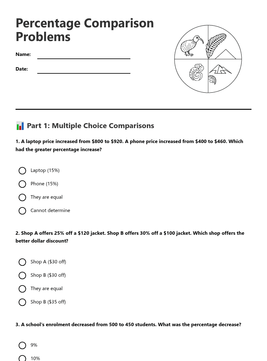 Percentage Comparison Problems worksheet preview