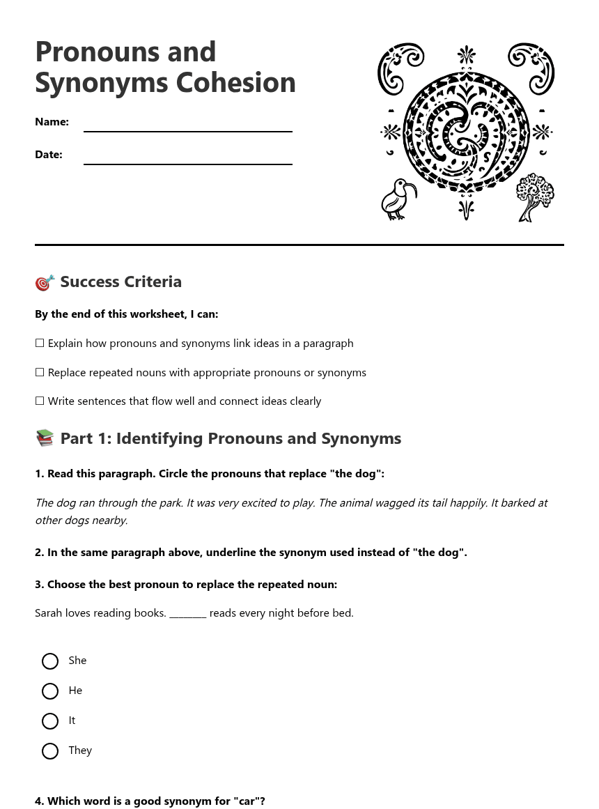 Pronouns and Synonyms Cohesion worksheet preview