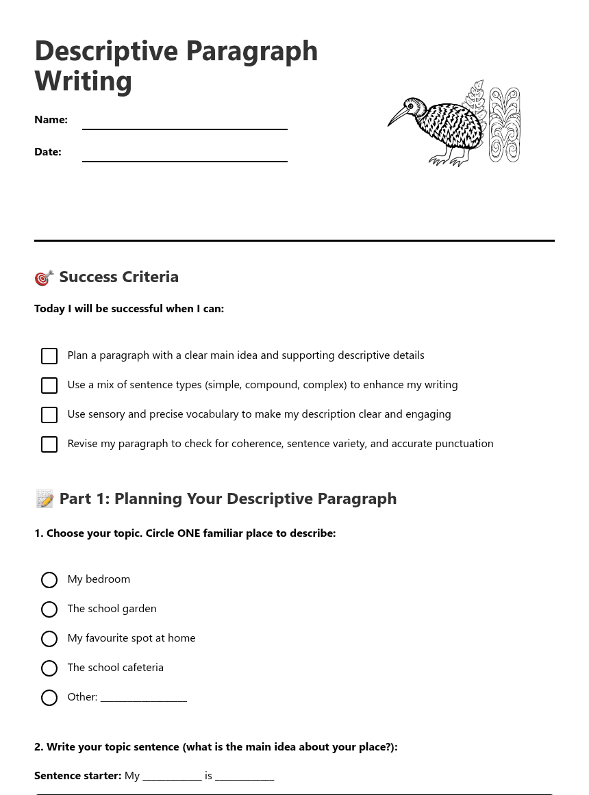 Descriptive Paragraph Writing worksheet preview