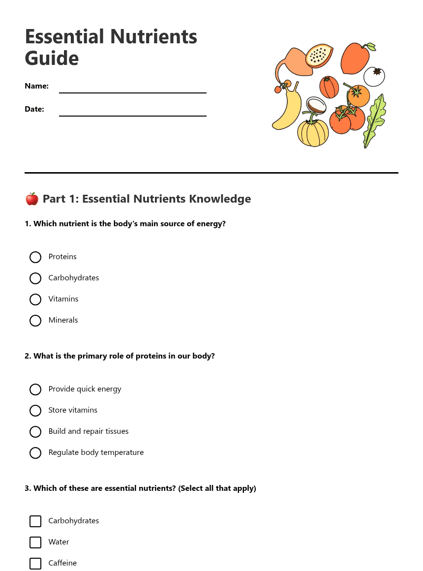 Essential Nutrients Guide worksheet preview