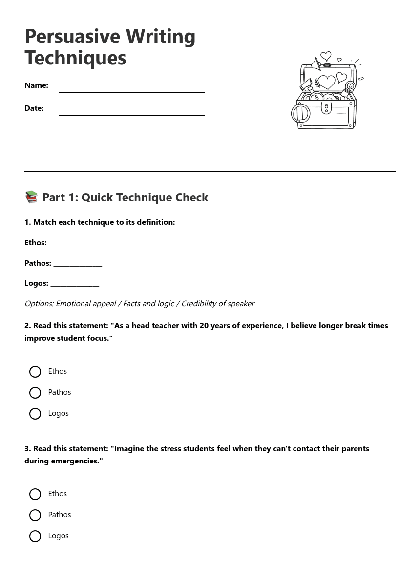 Persuasive Writing Techniques worksheet preview