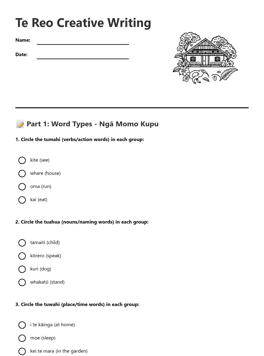 Te Reo Creative Writing worksheet preview