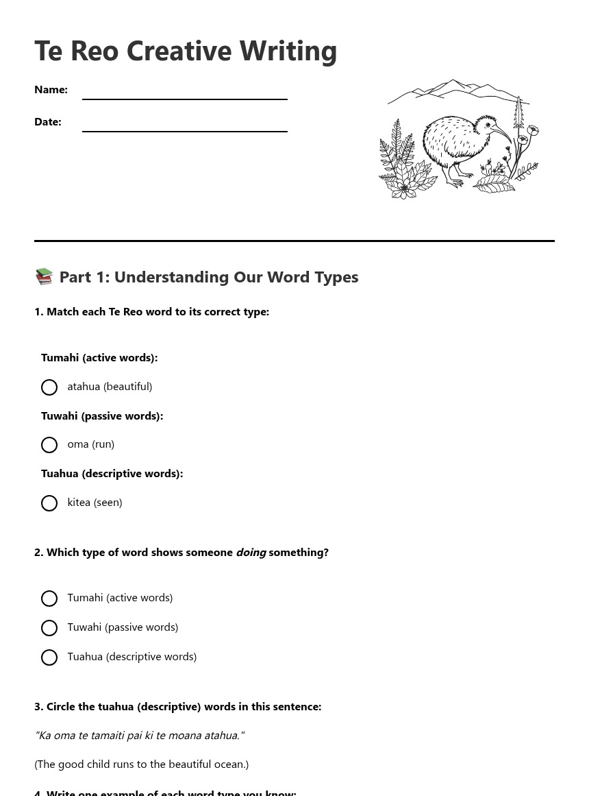 Te Reo Creative Writing worksheet preview