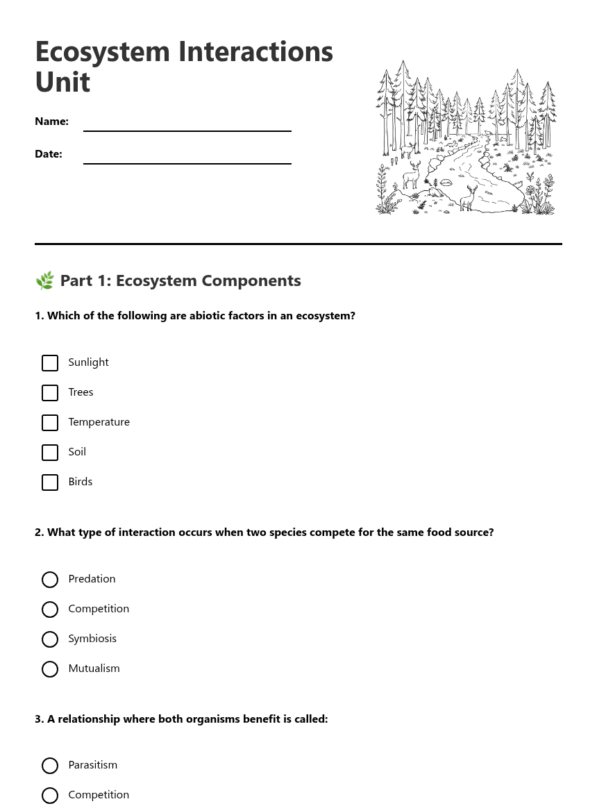 Ecosystem Interactions Unit worksheet preview