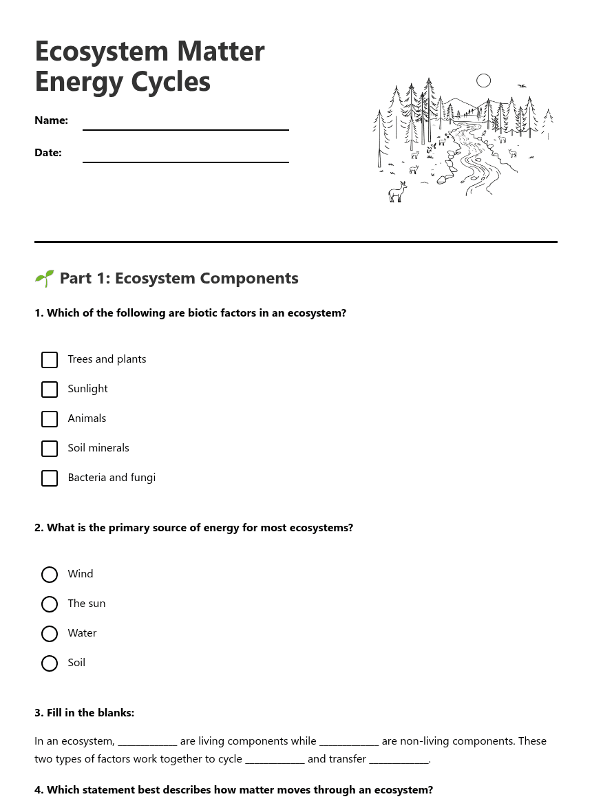 Ecosystem Matter Energy Cycles worksheet preview