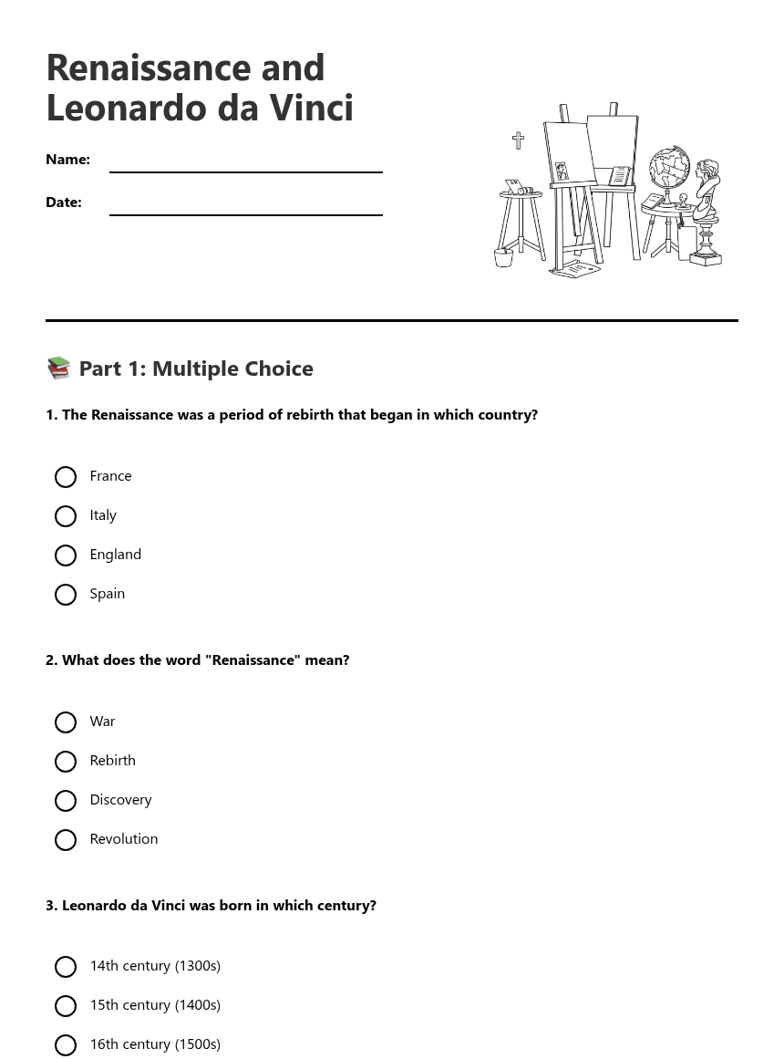 Renaissance and Leonardo da Vinci worksheet preview