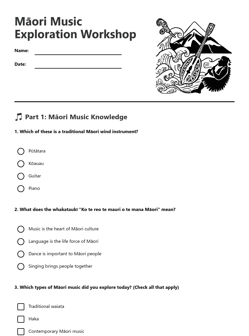Māori Music Exploration Workshop worksheet preview
