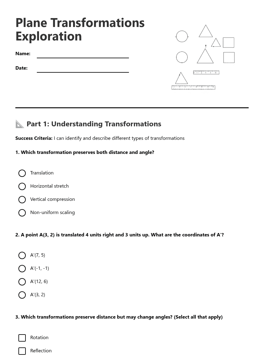 Plane Transformations Exploration worksheet preview