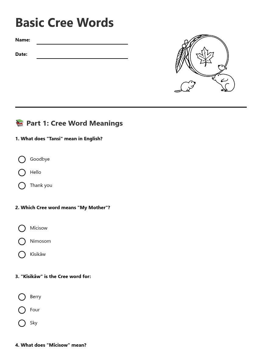 Basic Cree Words worksheet preview