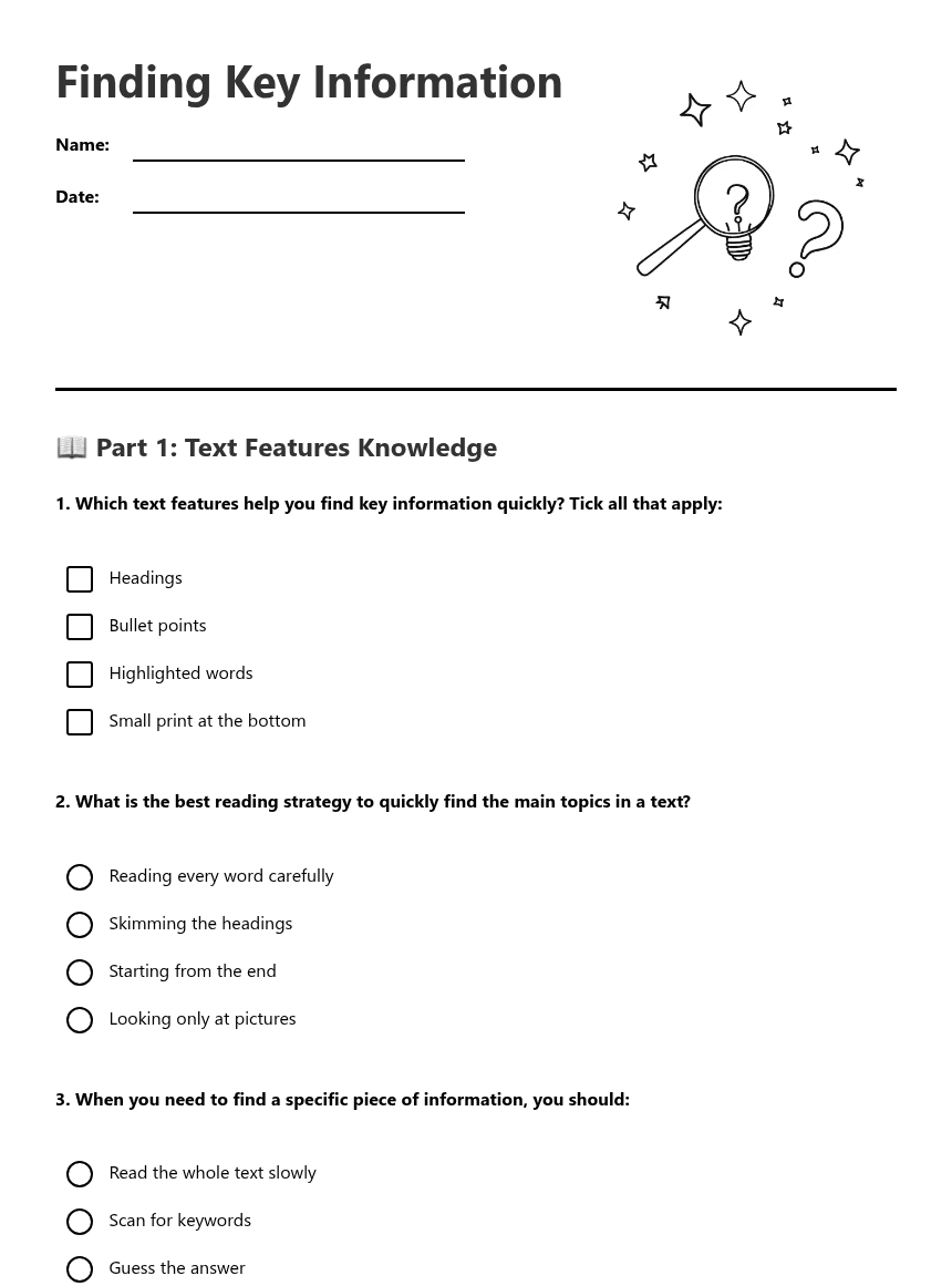 Finding Key Information worksheet preview